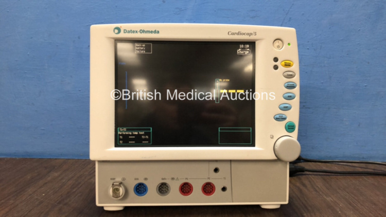 Datex Ohmeda Cardiocap 5 Anaesthesia Monitor Including ECG, NIBP, SpO2, P1, P2, T1 and T2 Options (Powers Up with Scratch on Screen-See Photo)