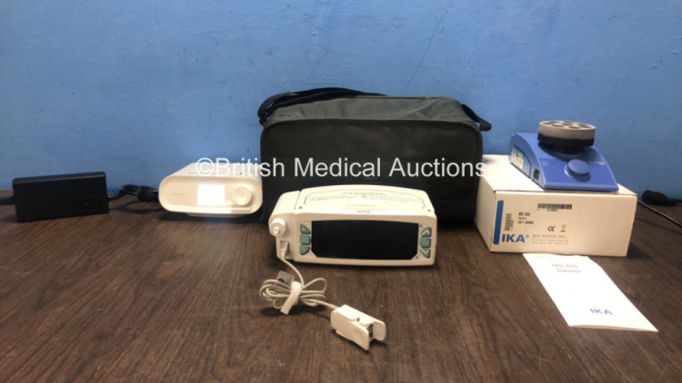 Mixed Lot Including 1 x Philips Respironics Dream Station CPAP Unit with 1 x AC Power Supply in Carry Bag (Powers Up with Service Message-See Photo) 1 x PSD Oxi Pulse Unit with 1 x SpO2 Finger Sensor (Untested Due to No Power Supply) 1 x IKA MS 450 Swirle