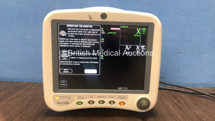 GE Dash 4000 Patient Monitor Including ECG, NBP, CO2, SpO2, Temp/CO, BP1/3 and BP2/4 with 1 x GE SM 201-6 Battery (Powers Up) *S/N SHQ1311695OSA*