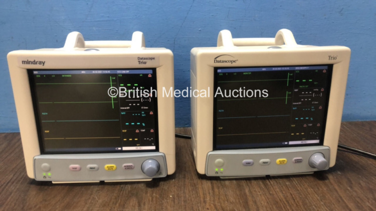 2 x Mindray Datascope Trio Patient Monitors Including ECG, SpO2 T1 and NIBP Options (Both Power Up) *MC10120-E0 / MC22389-J8*