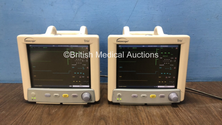 2 x Mindray Datascope Trio Patient Monitors Including ECG, SpO2 T1 and NIBP Options (Both Power Up) *MC23910-19 / MC23205-C9*