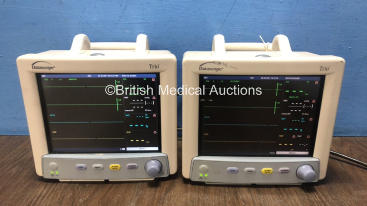 2 x Mindray Datascope Trio Patient Monitors Including ECG, SpO2 T1 and NIBP Options (Both Power Up) *MC23747-19 / MC21846-H8*