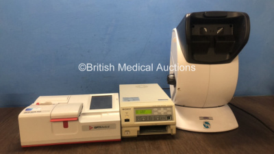 Mixed Lot Including 1 x OPTI CCA-TSA Blood Gas Analyzer Unit (Untested Due to No Power Supply) 1 x Sony UP-21MD Color Video Printer (Powers Up with Damaged Power Button and Missing Cassette-See Photo) 1 x Stereo Optical 500P Vision Tester (Untested Due to