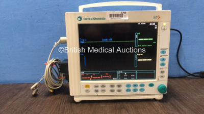 Datex Ohmeda S/5 Patient Monitor with 1 x Datex Ohmeda M-NESTPR Module Including ECG, NIBP, P1, P2, T1, T2 and SpO2 Options, 1 x Datex Ohmeda M-CAiO Module with D-fend Water Trap (Powers Up with Cracked Casing-See Photo)