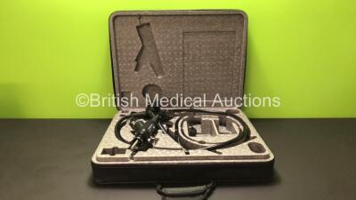 Fujinon EG-590WR Video Colonoscope in Carry Case - Engineer's Report : Optics - Ok, Angulation -Not Reaching Specification, Patient Tube - Ok, Light Guide Tube - Ok, Light Transmission - Ok, Channel System - Ok, Leak Check - Ok - *S/N 348A404*