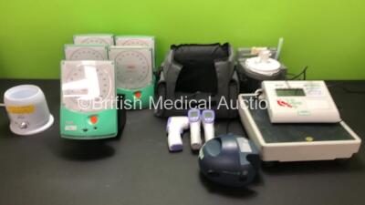 Mixed Lot Including 1 x Philips Avent Bottle Warmer (Powers Up) 5 x Accoson Greenlight 300 Meters, 3 x CE FT3010 Non Contact Electronic Forehead Infrared Thermometers (2 Power Up, 1 No Power) 1 x DeVilbiss Sunrise Suction Pump in Carry Bag (Untested Due t