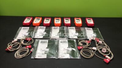 7 x Masimo Rad 5 Signal Extraction Pulse Oximeters with 7 x User Manuals and 7 x Masimo PC-04 Red Connection Leads (All Untested Due to Possible Flat Batteries) *N51981 / N51945 / N51880 / N52150 / N51774 / N51993 / N51974*