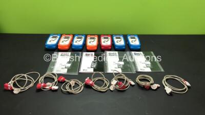 7 x Masimo Rad 5 Signal Extraction Pulse Oximeters with 4 x User Manuals and 7 x Masimo PC-04 Red Connection Leads (All Untested Due to Possible Flat Batteries) *N52164 / N51977 / N52008 / N56423 / N52002 / N52167 / N51793*