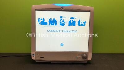 GE Carescape B650 Critical Care Monitor with 1 x GE Type E-PSMP-01 Module Including ECG, SpO2, T1, T2, P1, P2 and NIBP Options, 1 x GE E-miniC Module (Powers Up) *311783 / 314939 / 311788 / SQC18110017HA Mfd 03 / 2018*