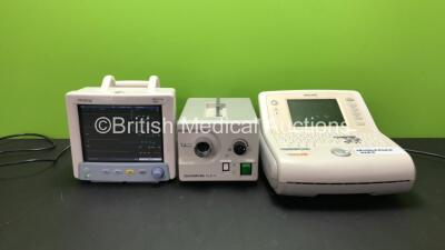 Mixed Lot Including 1 x Mindray Datascope Trio Patient Monitor Including ECG, SpO2, T1 and NIBP Options (Powers Up with Missing Printer Cover-See Photo) 1 x Olympus CLK-4 Light Source (Powers Up) 1 x Philips Page Writer Trim III Cardiograph Machine (Power