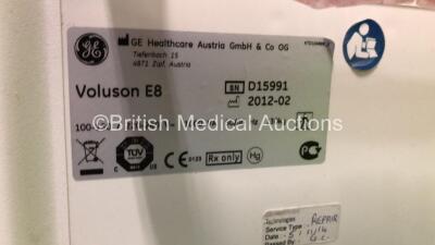 GE Voluson E8 Flat Screen Ultrasound Scanner *S/N D15991* **Mfd 02/2012* Software Version 12.0.6.568 with Sony UP-D897 Digital Graphic Printer (Powers Up - Missing Buttons and Trims) - 10