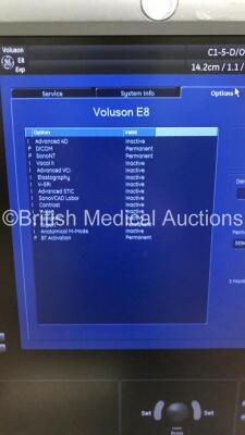 GE Voluson E8 Flat Screen Ultrasound Scanner *S/N D15991* **Mfd 02/2012* Software Version 12.0.6.568 with Sony UP-D897 Digital Graphic Printer (Powers Up - Missing Buttons and Trims) - 12