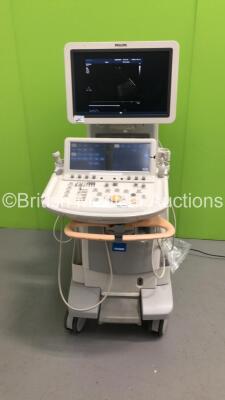 Philips iE33 Flat Screen Ultrasound Scanner *S/N B00Q5J* **Mfd 03/2011** on G.1 Cart Software Version 6.0.0.845 with 4 x Transducers / Probes (S5-1, S12-4, C8-5 and S8-3) (Powers Up - Damaged Trims and Missing Dials - See Pictures)
