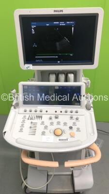 Philips iE33 Flat Screen Ultrasound Scanner *S/N B00Q5J* **Mfd 03/2011** on G.1 Cart Software Version 6.0.0.845 with 4 x Transducers / Probes (S5-1, S12-4, C8-5 and S8-3) (Powers Up - Damaged Trims and Missing Dials - See Pictures) - 3