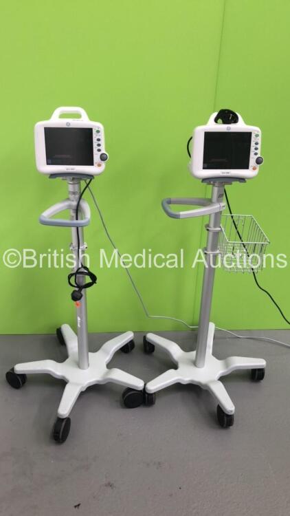 2 x GE Dash 3000 Patient Monitors on Stands with SpO2,Temp/CO,NBP and ECG Options (Both Power Up) * Mfd 2008 / 2010 *