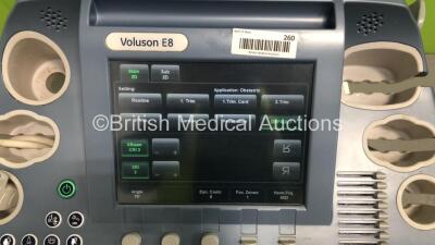 GE Voluson E8 Flat Screen Ultrasound Scanner *S/N D163891* **Mfd 05/2012** Software Version 12.0.6.586 with 1 x Transducer / Probe (C4-8-D Ref 5336340 *Mfd 02/2012*) with Mitsubishi P95 Printer (Powers Up) - 5