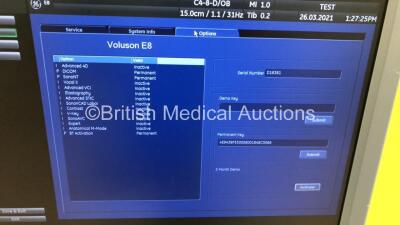 GE Voluson E8 Flat Screen Ultrasound Scanner *S/N D163891* **Mfd 05/2012** Software Version 12.0.6.586 with 1 x Transducer / Probe (C4-8-D Ref 5336340 *Mfd 02/2012*) with Mitsubishi P95 Printer (Powers Up) - 10