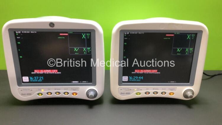 2 x GE Dash 4000 Patient Monitors Including ECG, NBP, CO2, BP1, BP2, SpO2 and Temp/co Options with Batteries *Mfd 2007* (Both Power Up)