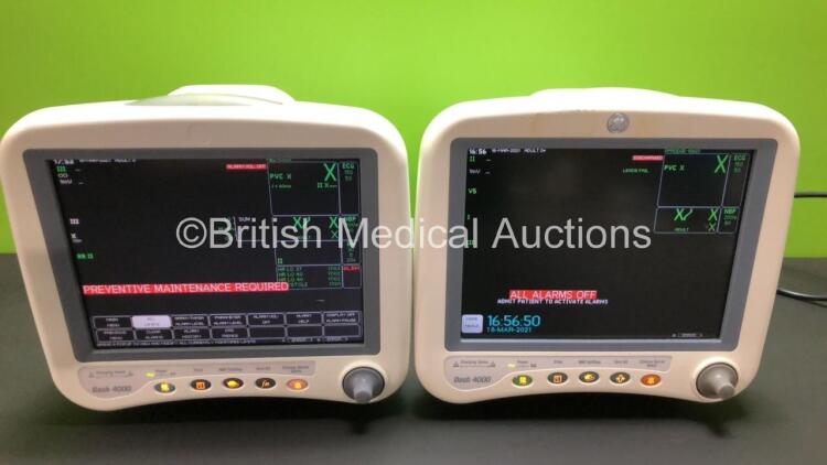 2 x GE Dash 4000 Patient Monitors Including ECG, NBP, CO2, BP1, BP2, SpO2 and Temp/co Options with Batteries *Mfd 2009 / N/A* (Both Power Up, 1 with Alarm)