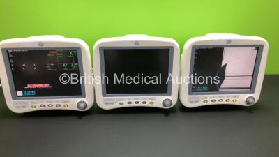 3 x GE Dash 4000 Patient Monitors Including ECG, NBP, CO2, BP1, BP2, SpO2 and Temp/co Options with Batteries (2 x Power Up with 1 x Faulty Display and Damaged Casing, 1 x No Power)