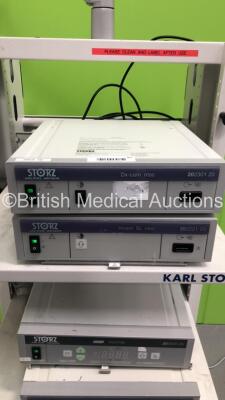 Karl Storz Stack Trolley Including Karl Storz Dx-cam ntsc 202301 20,Karl Storz Tricam SL ntsc 202221 20,Karl Storz SCB Equimat 203020 20,Karl Storz Flash 201330 30,Karl Storz Xenon 300 201331 20 and Sony Digital Color Printer UP-DR80MD (Powers Up) - 2