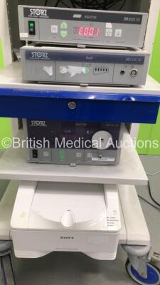 Karl Storz Stack Trolley Including Karl Storz Dx-cam ntsc 202301 20,Karl Storz Tricam SL ntsc 202221 20,Karl Storz SCB Equimat 203020 20,Karl Storz Flash 201330 30,Karl Storz Xenon 300 201331 20 and Sony Digital Color Printer UP-DR80MD (Powers Up) - 4