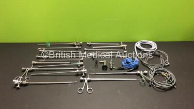 Job Lot of Assorted Surgical Instruments and Accessories Including Fiber Optic Light Source Cable, Karl Storz Sheaths and Mixed Obturators