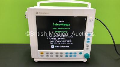 Datex Ohmeda Type F-CM1-05 Compact Anaesthesia Monitor *Mfd 2008-12* 1 x GE E-CAiO-00 Gas Module Including D-fend Water Trap*Mfd 2011-02* 1 x GE E-PRESTN-00 Module Including ECG, SpO2, T1 and T2 Options *Mfd 2008-12* (Powers Up) *S/N 6474202 / 6473553 / 