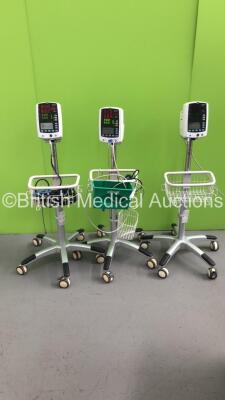 3 x Mindray VS-800 Vital Signs Monitors on Stands with 2 x SPO2 Finger Sensors and 2 x BP Hoses (All Power Up - All Missing Light Cover on Front - See Pictures) *S/N BY-7C103890 / BY-7C103903 / BY-7C03433*