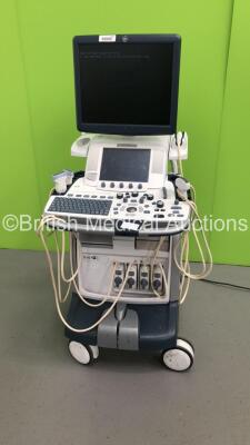 GE Logiq E9 Flat Screen Ultrasound Scanner Ref 5205000-7 *S/N 116639US6* **Mfd 03/2013* with 4 x Transducers / Probes (9L-D Ref 5194432 *Mfd 02/2013*, ML6-15-D Ref 5199103 *Mfd 02/2013*, C1-6-D Ref 5418916 *Mfd 06/2016* and IC5-9-D Ref 5194434 *Mfd 03/201