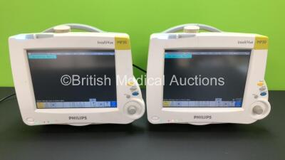 2 x Philips Intellivue MP30 Touch Screen Patient Monitors Version D.00.58 / D.00.58 (Both Power Up with Some Casing Damage - See Photos) *Mfd 2006 / 2006 **S/N DE64019623 / DE64019664**