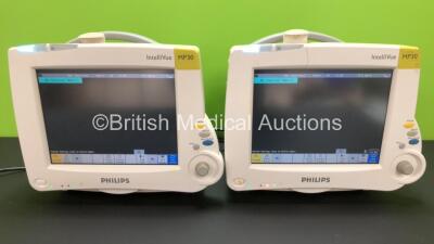 2 x Philips Intellivue MP30 Touch Screen Patient Monitors Version D.00.58 / D.00.58 (Both Power Up with Some Casing Damage - See Photos) *Mfd 2006 / 2006 **S/N DE64016628 / DE64019638**