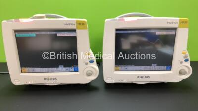 2 x Philips Intellivue MP30 Touch Screen Patient Monitors Version F.01.43 / C.00.82. (Both Power Up with Some Casing Damage - See Photos) *Mfd 2005 / 2008 **S/N DE52613740 / DE72850839**