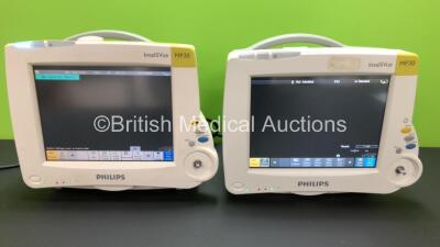 2 x Philips Intellivue MP30 Touch Screen Patient Monitors Version J.10.26 / D.00.58 (Both Power Up with 2 x Missing Dials - See Photos) *Mfd 2013 / 2005 **S/N DE801B9716 / DE62613762**