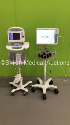 1 x Welch Allyn 1500 Patient Monitor on Stand with T1,ECG,NIBP,SpO2,IBP1 and IBP2 Options with Leads and 1 x Welch Allyn Vital Signs Monitor 6000 Series on Stand with SpO2 and NIBP Options (1 x Powers Up and Reboots and 1 x Powers Up with Damaged Screen-1