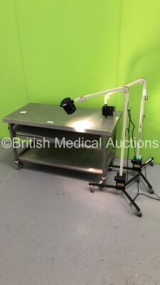 Mixed Lot Including 2 x Daray Lighting Patient Examination Lights on Stands and 1 x Mobile Stainless Steel Trolley (Both Power Up) * SN N/A *