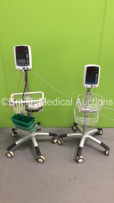 2 x Mindray VS-800 Patient Monitors on Stands with 1 x SpO2 Finger Sensor and 1 x BP Hose (Both Power Up-2 x Missing Light Lens Covers) * SN BY-82104386 / BY-7C103438 *