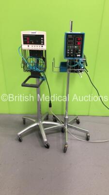 1 x Welch Allyn 52000 Series Vital Signs Monitor on Stand with BP Hose and 1 x Critikon Dinamap 8100T Vital Signs Monitor on Stand with BP Hose and Cuffs (Both Power Up)