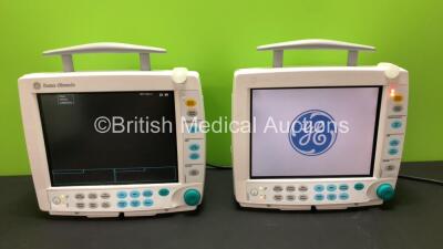 2 x GE Datex Ohmeda S/5 F-FM01 Patient Monitors with 2 x GE Type E-PSMP-00 Modules Including ECG, SpO2, T1, T2, P1, P2 and NIBP Options (Both Power Up) *S/N 6715373 / 6829966 / 6599295 / 6596160*