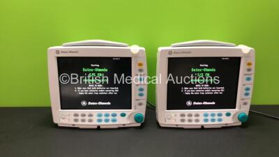 2 x GE Datex Ohmeda S/5 F-FM01 Patient Monitors with 4 x GE SM 201-6 Batteries, 2 x GE Type E-PSMP-00 Modules Including ECG, SpO2, T1, T2, P1, P2 and NIBP Options (Both Power Up) *S/N 6608554 / 6823442 / 6325058 / 6596154*