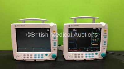 2 x GE Datex Ohmeda S/5 F-FM01 Patient Monitors with 4 x GE SM 201-6 Batteries, 2 x GE Type E-PSMP-00 Modules Including ECG, SpO2, T1, T2, P1, P2 and NIBP Options (Both Power Up) *S/N 6306067 / 6606951 / 6678150 / 6823264*