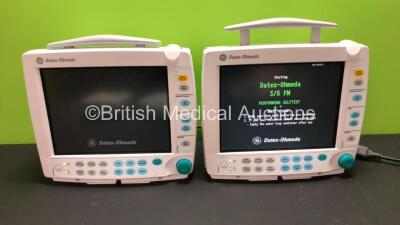 2 x GE Datex Ohmeda S/5 F-FM01 Patient Monitors with 4 x GE SM 201-6 Batteries, 2 x GE Type E-PSMP-00 Modules Including ECG, SpO2, T1, T2, P1, P2 and NIBP Options (Both Power Up) *S/N 6285619 / 6187372 / 6285619 / 6823425 / 6529424*