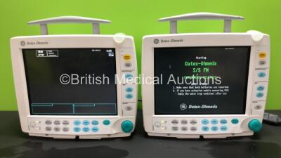 2 x GE Datex Ohmeda S/5 F-FM01 Patient Monitors with 4 x GE SM 201-6 Batteries, 2 x GE Type E-PSMP-00 Modules Including ECG, SpO2, T1, T2, P1, P2 and NIBP Options (Both Power Up) *S/N 6596155 / 6608510 / 6489609 / 6684217*