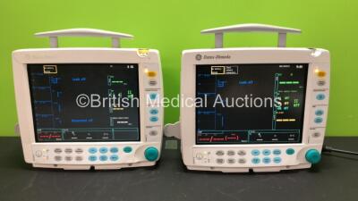 2 x GE Datex Ohmeda S/5 F-FM01 Patient Monitors with 2 x GE Type E-PSMP-00 Modules Including ECG, SpO2, T1, T2, P1, P2 and NIBP Options (Both Power Up with Damage and Missing Light Covers-See Photos) *S/N 6776274 / 6528125 / 6606952 / 6527465*