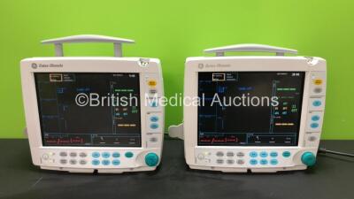 2 x GE Datex Ohmeda S/5 F-FM01 Patient Monitors with 2 x GE Type E-PSMP-00 Modules Including ECG, SpO2, T1, T2, P1, P2 and NIBP Options (Both Power Up with Damage and Missing Light Covers-See Photos) *S/N 6608897 / 6316454 / 6696094 / 6816204*