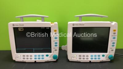 2 x GE Datex Ohmeda S/5 F-FM01 Patient Monitors with 1 x GE Type E-PSMP-00 Modules Including ECG, SpO2, T1, T2, P1, P2 and NIBP Options (1 Powers Up, 1 Powers Up with Blank Screen, both with Damage and Missing Light Covers-See Photos) *S/N 6608895 / 66069