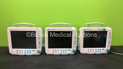 3 x GE Datex Ohmeda S/5 F-FM01 Patient Monitors with 3 x GE Type E-PSMP-00 Modules Including ECG, SpO2, T1, T2, P1, P2 and NIBP Options (All Power Up with Blank Screens, 1 with Missing Light Cover-See Photo) *S/N 6185684 / 6625759 / 5200709 / 6684234 / 68