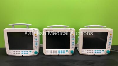 3 x GE Datex Ohmeda S/5 F-FM01 Patient Monitors with 3 x GE Type E-PSMP-00 Modules Including ECG, SpO2, T1, T2, P1, P2 and NIBP Options (All Power Up with Blank Screens, 2 with Missing Light Covers-See Photos) *S/N 6670477 / 6678149 / 6529417 / 6684216 / 