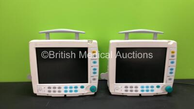 2 x GE Datex Ohmeda S/5 F-FM01 Patient Monitors with 2 x GE Type E-PSMP-00 Modules Including ECG, SpO2, T1, T2, P1, P2 and NIBP Options (Both Power Up with Blank Screens and Missing Light Covers-See Photos) *S/N 6756623 / 6823448 / 6813705 / 6595379*