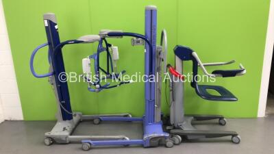 2 x Arjo Maxi Move Electric Patient Hoists with 1 x Battery and 2 x Controllers and 1 x Arjo Alenti Electric Patient Hoist with Controller and Battery (2 x Power Up and Tested Working, 1 x Unable To Test Due to No Battery)